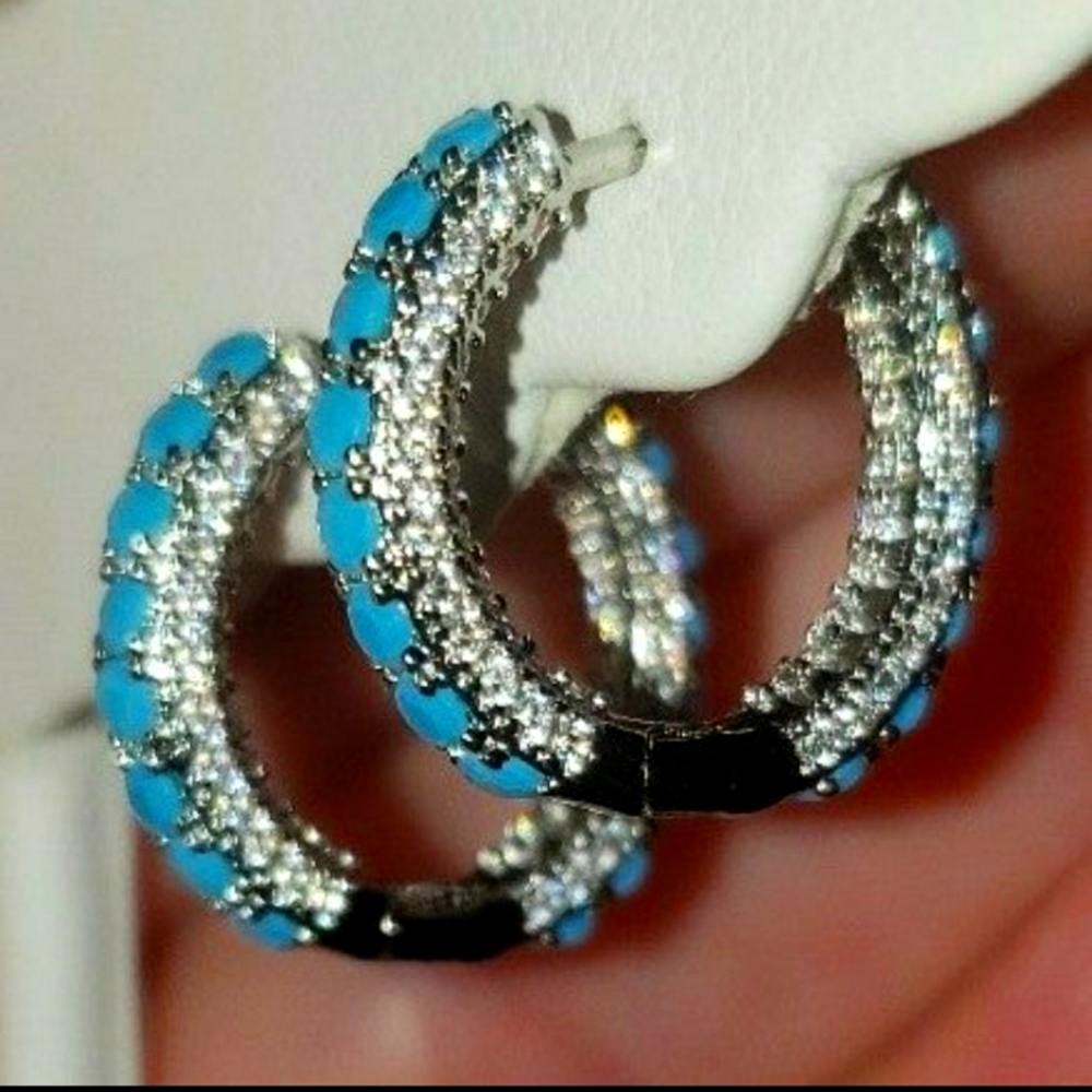 925 STERLING SILVER TURQUOISE CRYSTAL DIAMOND CZ  DOUBLE-SIDED HOOPS☆NEW☆11